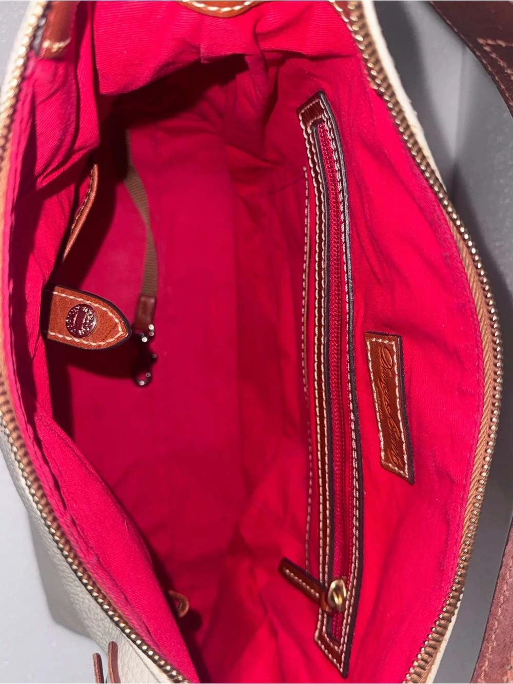 Dooney & Bourke Cream Leather Hobo with Brown Trim and Tassel
